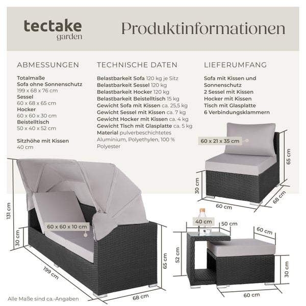 Produktinformationen für tectake Loungeset aus Polyrattan mit Maßen und technischen Daten für Sofa, Sessel, Hocker und Tisch.