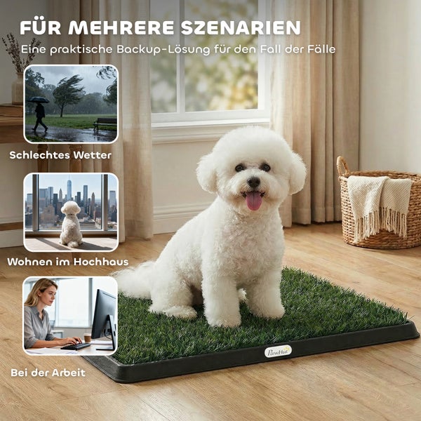 Hund sitzt auf einer PawHut Hundetoilette mit Kunstrasen und PawHut Logo in einem hellen Wohnzimmer mit verschiedenen Anwendungsszenarien.