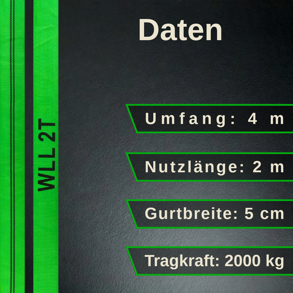 Technische Daten Hebeband: Umfang 4 Meter, Nutzlänge 2 Meter, Gurtbreite 5 Zentimeter, Tragkraft 2000 Kilogramm.