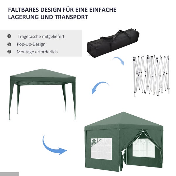 Outsunny Pavillon ca.3x3m, wasserabweisend Stabil Winterfest Pop-up Faltpavillon, UV Schutz 50+, Faltbar Partyzelt Gartenzelt mit 4 Seitenteilen Tasche Gartenpavillon für Camping Garten, Grün