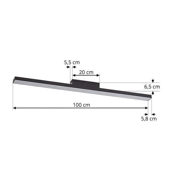 Maßzeichnung einer LED-Leuchte mit einer Gesamtlänge von 100 Zentimetern, einer Breite von 5,8 Zentimetern und einer Sockelhöhe von 6,5 Zentimetern.