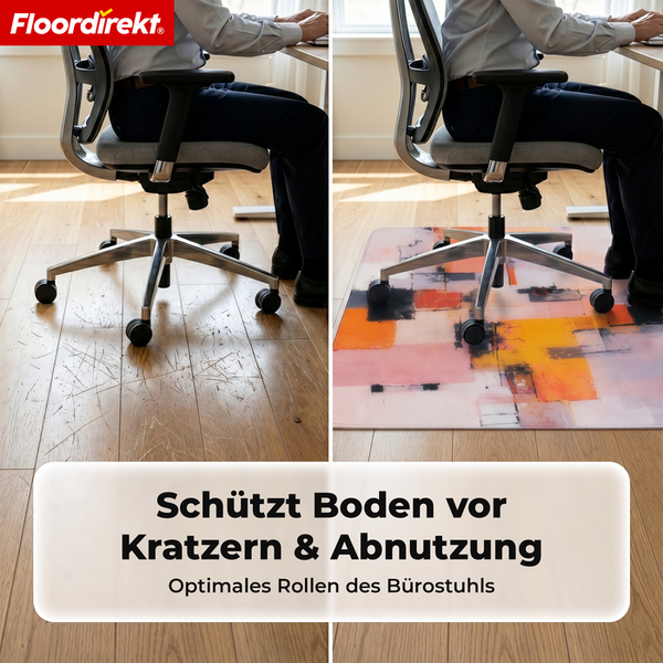 Floordirekt Logo. Vergleich eines Bürostuhls auf Holzboden: links Kratzer im Boden, rechts schützt eine bunt gemusterte Bodenschutzmatte den Boden.