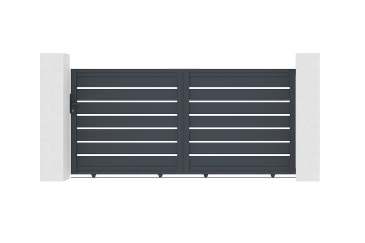 Schiebetor mit horizontalen Lamellen zwischen zwei Säulen