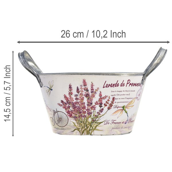 Ovaler Pflanztopf aus Metall mit Lavendelmotiv und Libellen, Abmessungen 26 Zentimeter Breite und 14,5 Zentimeter Höhe.