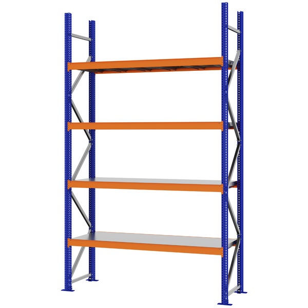 Weitspannregal aus Metall mit vier Ebenen für schwere Lasten, blaues Gestell und orangefarbene Traversen.