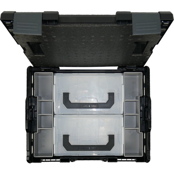 Geöffneter Werkzeugkoffer mit transparenten Fächern