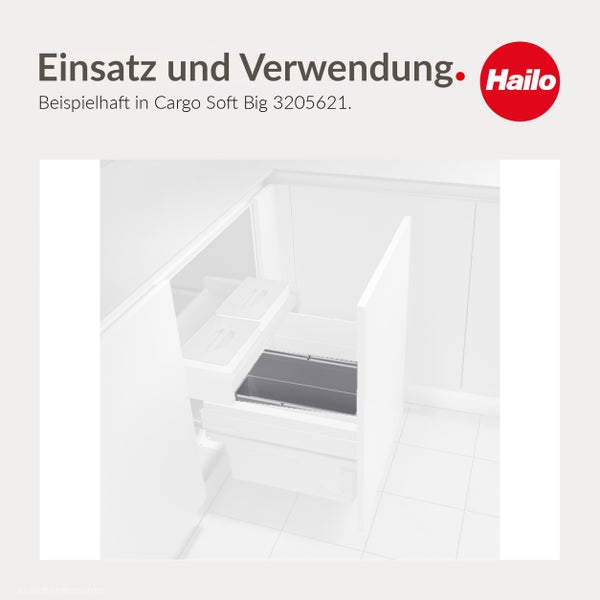 Hailo Logo und Anwendungsbeispiel eines Hailo Cargo Soft Big Abfalltrennsystems in einem Küchenunterschrank mit ausgezogenem Schubkasten.