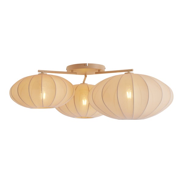 Dreiflammige Deckenleuchte mit ovalen Stoffschirmen in Beige und Metallgestell.