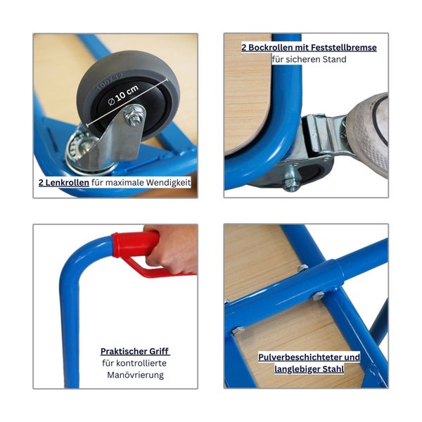 Details eines Transportwagens: Lenkrollen 10 Zentimeter, Bockrollen mit Bremse, Griff und pulverbeschichteter Stahlrahmen.