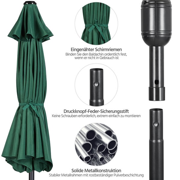 Geschlossener grüner Sonnenschirm mit Details zu Befestigungsriemen, Verbindungsstück und Metallkonstruktion