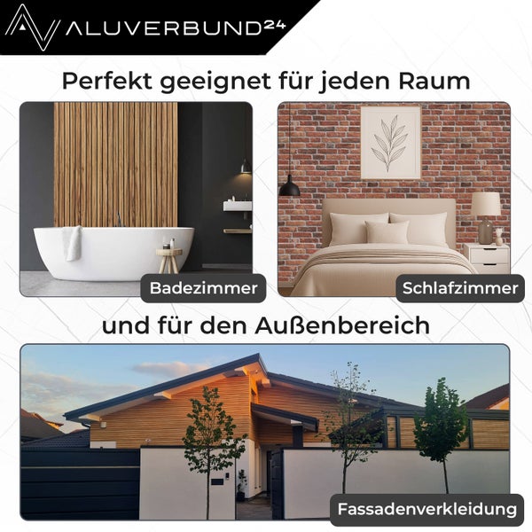Anwendungsbeispiele für Wandpaneele von Aluverbund24: Badezimmer mit Holzpaneelen, Schlafzimmer mit Backsteinpaneelen und Hausfassade mit Holzverkleidung