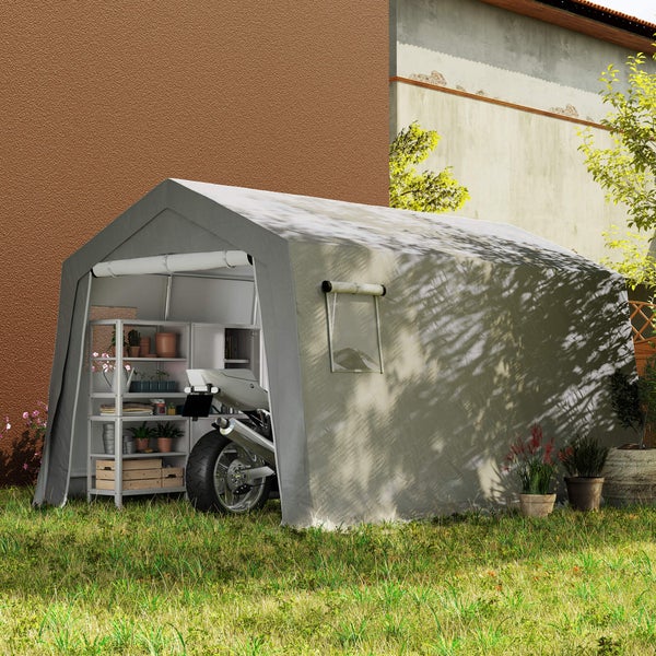 Outsunny Gerätehaus mit Satteldach wasserdicht Gerätezelt mit Türen, Fenster, Anti-Staub-Fahrradabdeckung, Foliengerätehaus Fahradgarage für Terrasse Garten, 300 x 447 x 255 cm, Hellgrau
