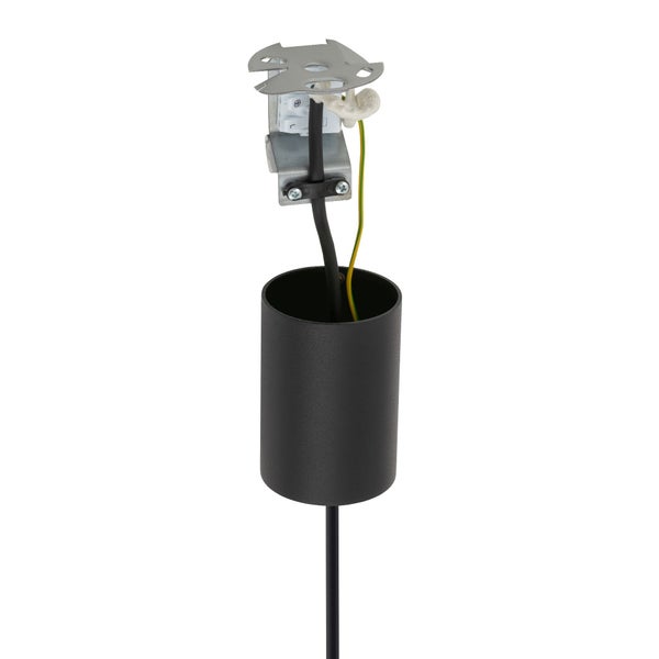 Zylindrischer schwarzer Lampenbaldachin mit Metall-Deckenhalterung, Anschlussklemme und Innenverkabelung.