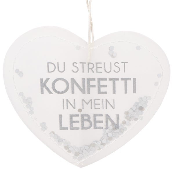 Herzanhänger mit silbernem Schriftzug Du streust Konfetti in mein Leben und glitzernden Konfetti-Elementen im Inneren.