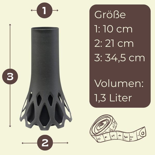 Abbildung der Größenangaben und des Volumens einer Vase.