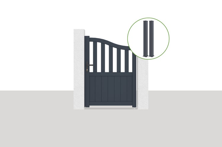 Einflügeliges Gartentor aus Aluminium in Anthrazit mit geschwungenem Oberabschluss und passenden Pfosten.