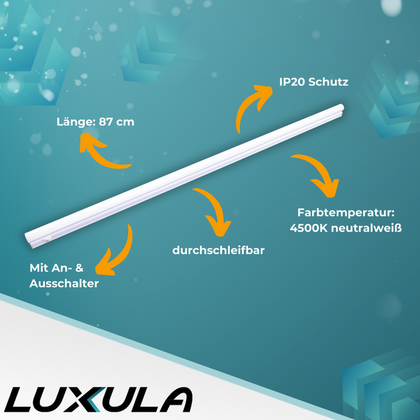 Luxula LED Röhrenlampe, 87 Zentimeter lang, IP20 Schutz, Farbtemperatur 4500K neutralweiß, mit An- und Ausschalter