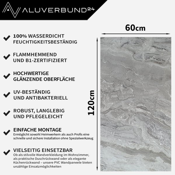 Aluverbund24 Produktbild mit Größenangaben, Produkteigenschaften und Firmenlogo