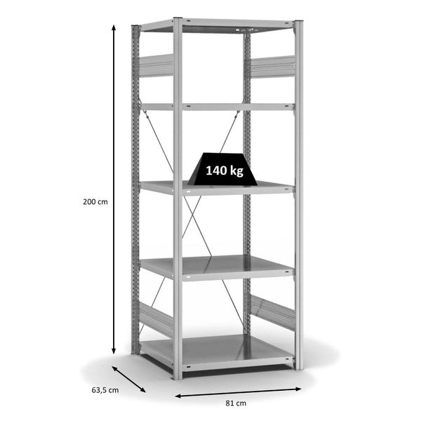 PROREGAL Fachbodenregal Stecksystem T-Profil Light-Duty Grundregal HxBxT 200 x 75 x 60 cm 5 Ebenen Fachlast 140 kg Einseitig Nutzbar Verzinkt