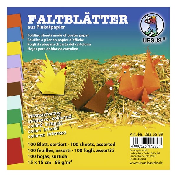 URSUS Falten Faltblätter intensiv, Plakatkarton, 65 g/m², 15 x 15 cm, 100 Blatt sortiert