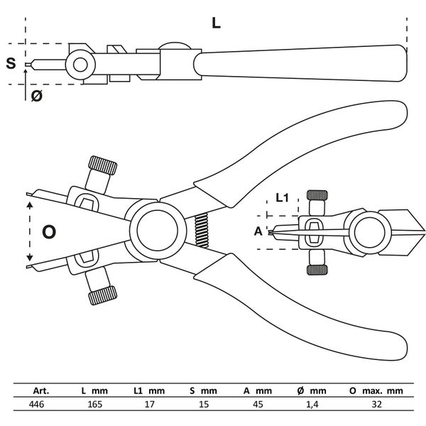 Technische Zeichnung einer Nietenzange mit Maßangaben.
