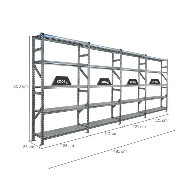 Langes, silberfarbenes Metallregal mit mehreren Regalböden und Maßangaben.