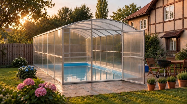 Poolüberdachung aus Aluminium und Polycarbonat mit Schiebetür im Garten vor einem Wohnhaus.