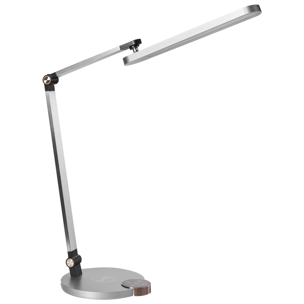 Moderne Schreibtischlampe mit verstellbarem Arm und integrierter kabelloser Ladestation.