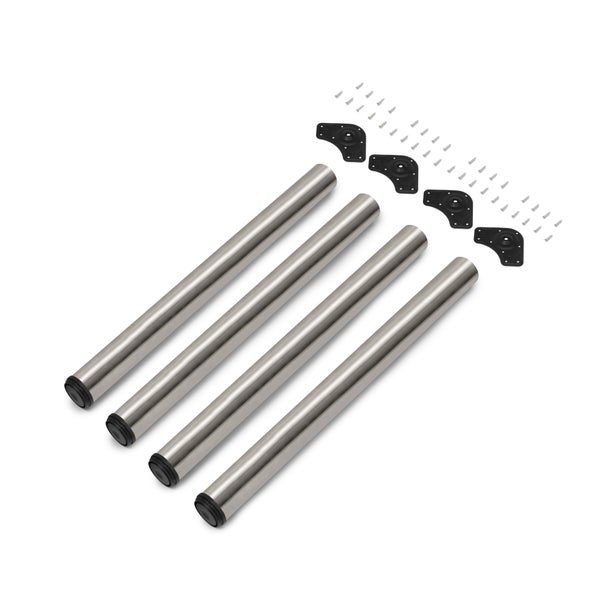 Set aus vier runden Tischbeinen aus Metall mit Montageplatten und Schrauben zur Möbelmontage.