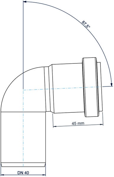 Technische Zeichnung eines HT-Bogens mit einem Winkel von 87,5 Grad, einem Durchmesser von DN 40 und einer Länge von 45 Millimeter.
