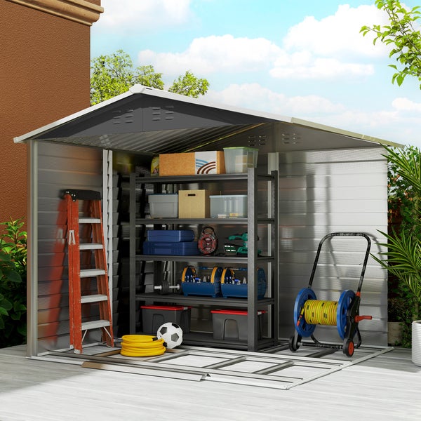 Metall-Gartenhaus mit neun Stützsäulen für 70 Prozent mehr Stabilität und einer Schneetragfähigkeit von 30 Kilogramm pro Quadratmeter.