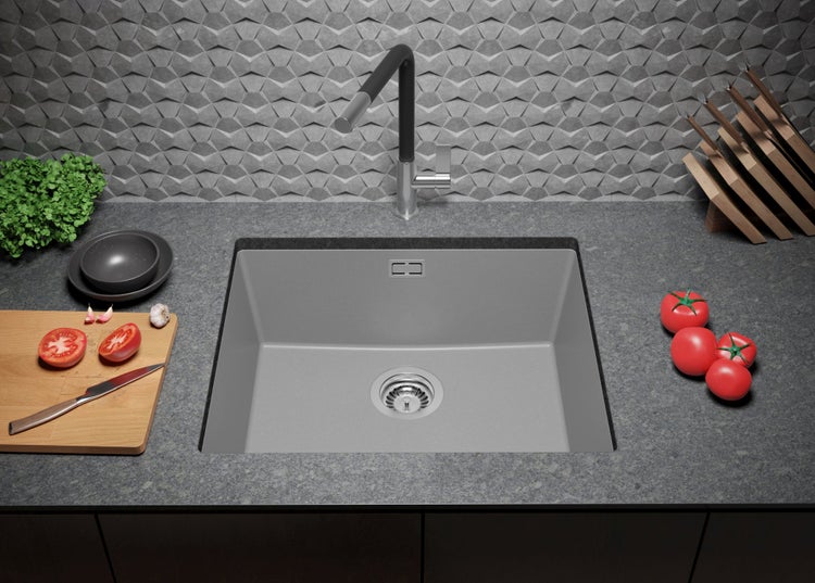 PRIMAGRAN Unterbauspüle Granit Grau 56x47cm, Spülbecken 1 Becken + Ablauf-Set, Granitspüle ab 60er Unterschrank - London