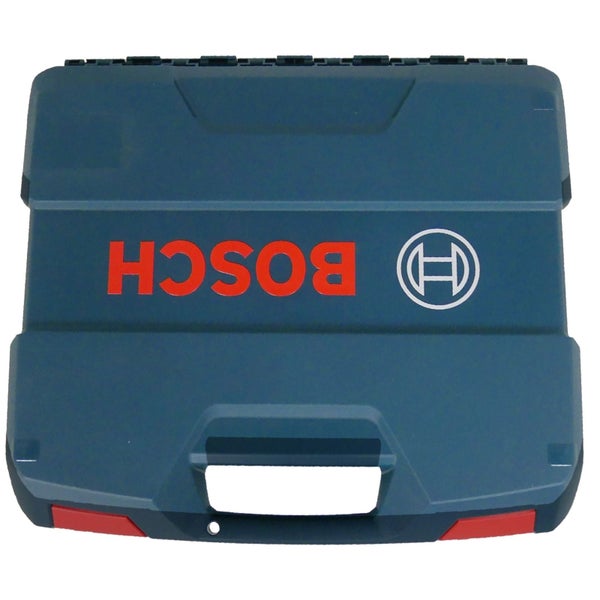 Blauer Bosch Werkzeugkoffer aus Kunststoff mit Tragegriff und Bosch Logo.