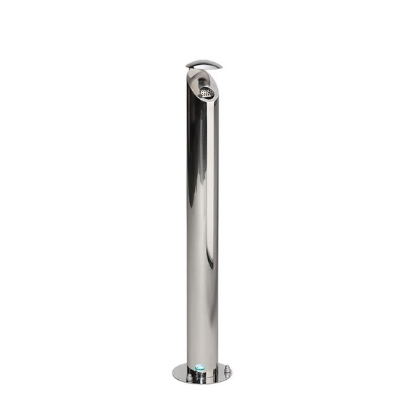 Standaschenbecher aus Edelstahl in Säulenform mit Regenschutzdach und rundem Standfuß.
