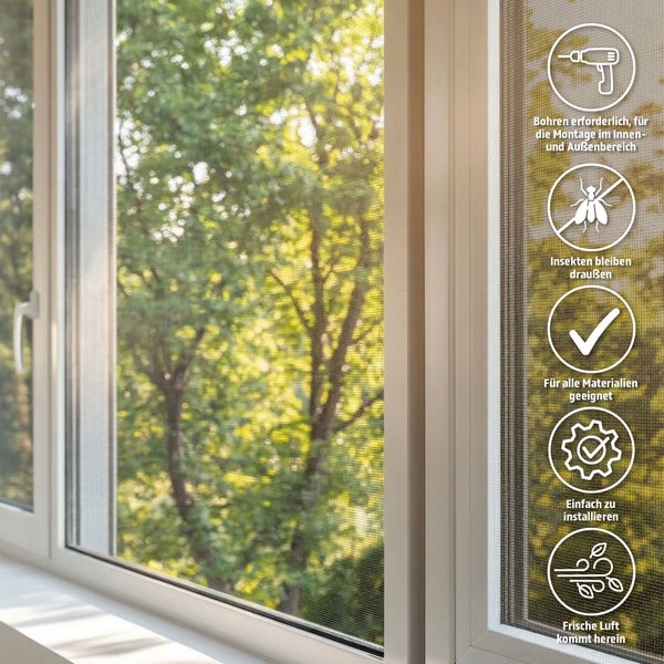 Insektenschutz am Fenster mit Symbolen für Bohrmontage, Schutz vor Insekten, Materialeignung, einfache Installation und Luftdurchlässigkeit.