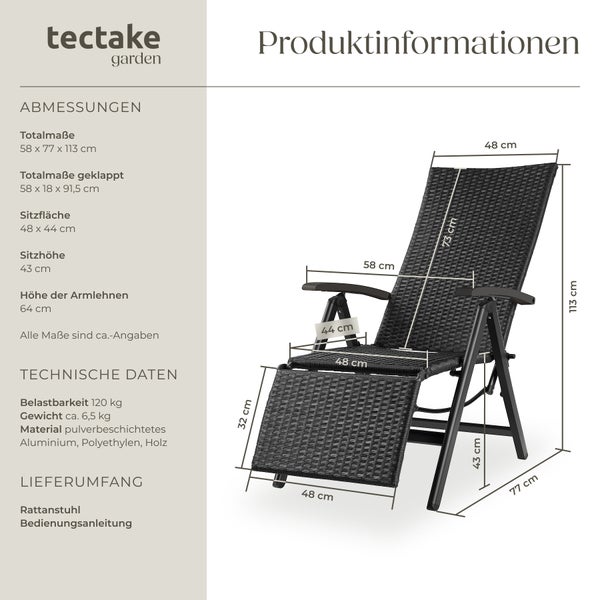 Rattanstuhl tectake Brisbane  58 x 77 x 113 cm mit Aluminiumgestell schwarz