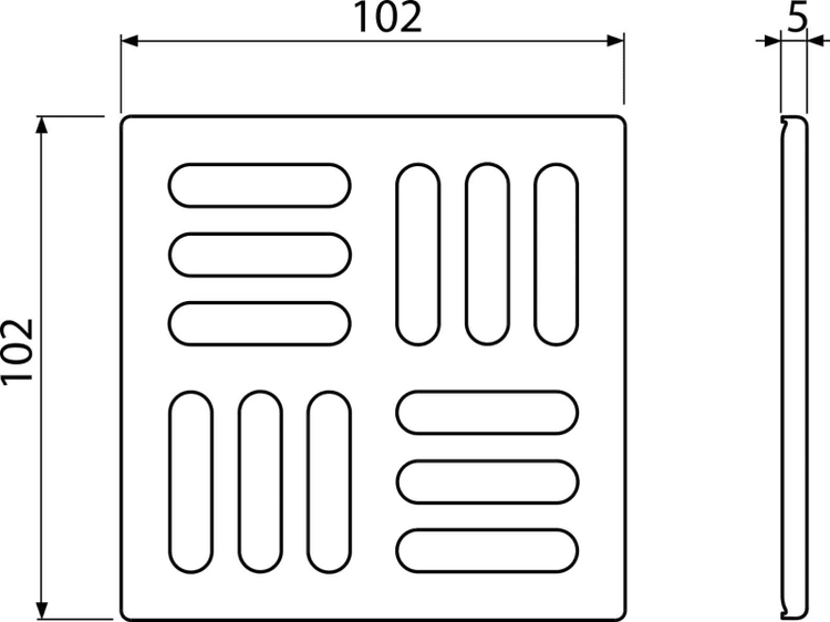 Maßzeichnung eines quadratischen Lüftungsgitters mit den Abmessungen 102 mal 102 Millimeter und einer Tiefe von 5 Millimeter.
