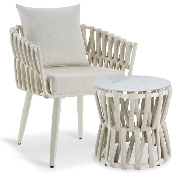 Gartenmöbel Set bestehend aus einem Lounge Sessel mit Geflecht und Beistelltisch mit runder Tischplatte in Marmor Optik