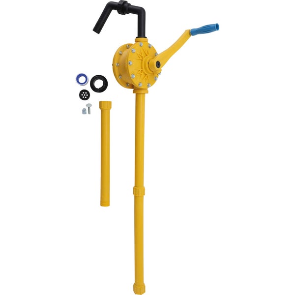 Handpumpe aus Metall mit Handkurbel und Schlauchanschluss