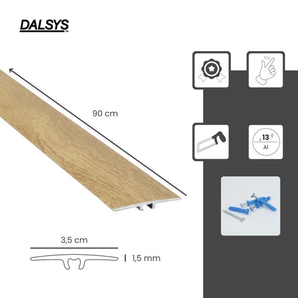 Dalsys Logo. Aluminium-Übergangsprofil, Holzoptik, 90 Zentimeter lang, 3,5 Zentimeter breit, 1,5 Millimeter hoch, inklusive Schrauben und Dübel.