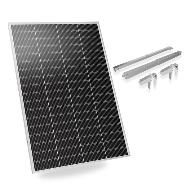 Solarpanel mit Montageset bestehend aus Befestigungsschienen und Halterungen.