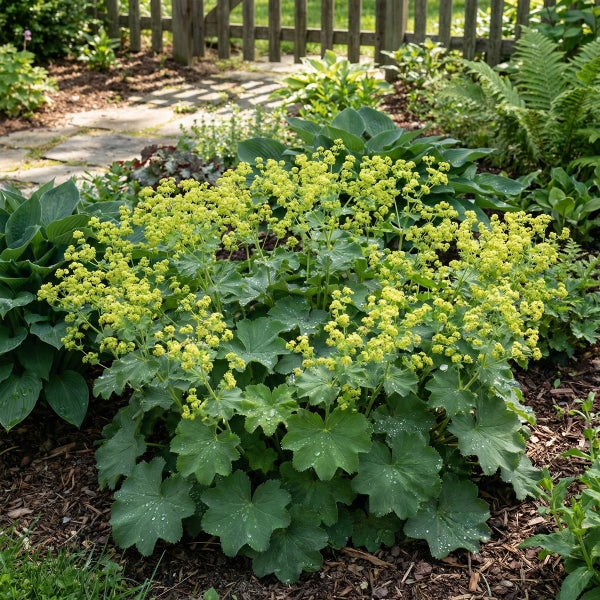 Frauenmantel Alchemilla mollis im Garten mit grünen Blättern und gelb-grünen Blütenständen auf Rindenmulch vor einem Holzzaun.