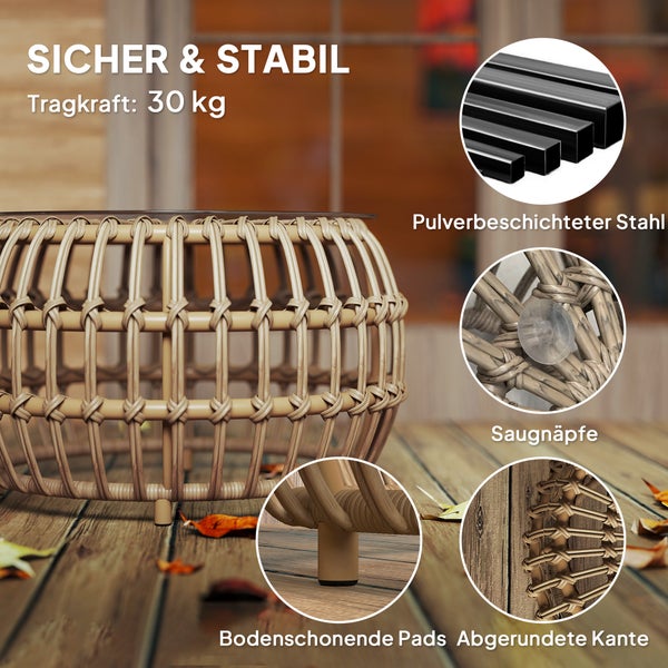 Outsunny 2er Set Beistelltisch Polyrattan Ø66/42 cm rund wetterfest Gartentisch mit Glasplatte Outdoor Balkontisch Couchtisch Gartenmöbel für Garten, Balkon Braun
