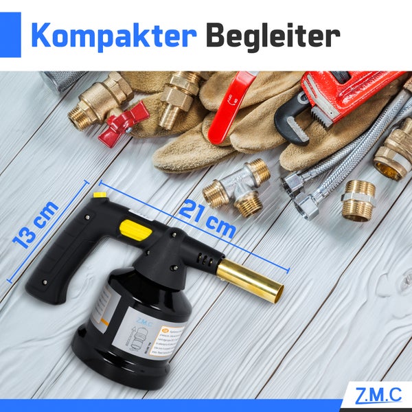 ZMC Gasbrenner 1,3 kW + 4 Gaskartuschen 190g, Schweißbrenner Flambierbrenner bis zu 1350°C, Bunsenbrenner Lötbrenner Brenneraufsatz, Küchenbrenner mit einstellbare Flamme, mit Piezo-Zündung