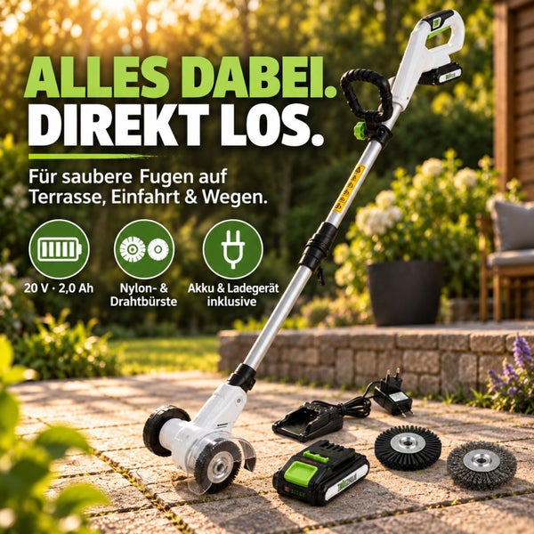TrutzHolm kabelloser 20 Volt Fugenreiniger mit Akku auf einer gepflasterten Terrasse, ideal für die einfache Reinigung von Fugen und Gehwegen.