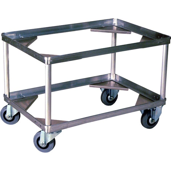 Transportroller aus Metall mit zwei rechteckigen Etagenrahmen und vier Lenkrollen.