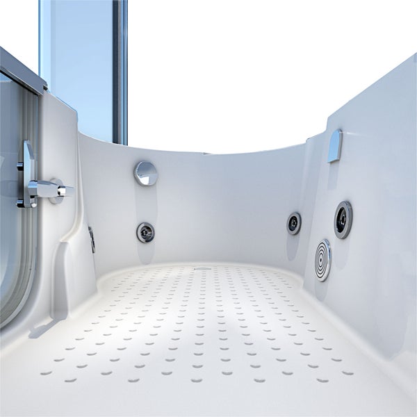 Innenansicht einer weißen Badewanne mit Einstiegstür, Türgriff, rutschfestem Boden und Whirlpool-Düsen an den Seitenwänden.