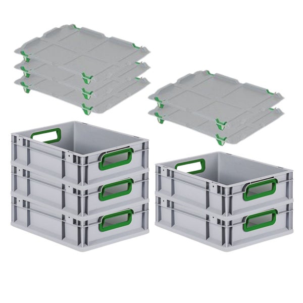 PROREGAL Spar Set 5x Eurobox Nextgen Color Mit Auflagedeckel & Schiebeschnappverschlüsse HxBxT 12 x 30 x 40 cm Griffe Grün Offen Glatter Boden