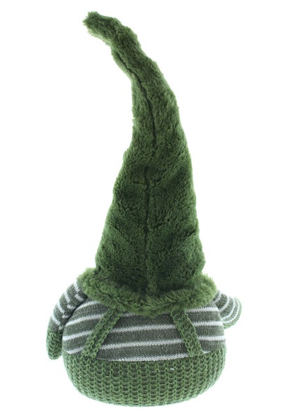Rückansicht einer Stoff-Gartenzwergfigur mit gestreiftem Oberteil und spitzer Mütze