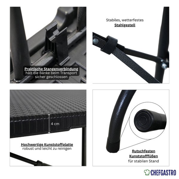 Platzsparender zusammengeklappter Gartentisch in Rattan-Optik aus Kunststoff mit Tragegriff.